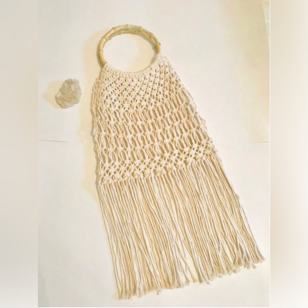 Natural Boho Fringe Macrame Bag with Wooden Handles